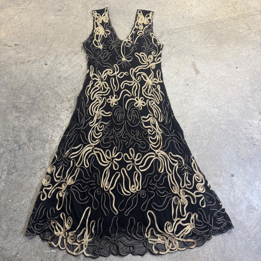 Cartise VTG Y2k Retro Women's Black Gold Floral V Neck Midi Dress Whimsigoth